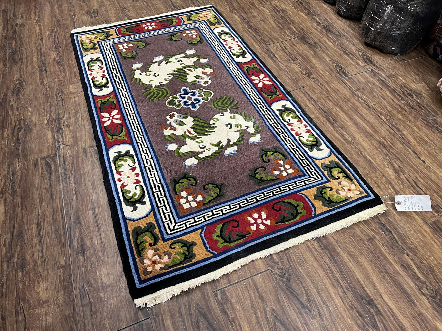 Chinese Art Deco Rug 3 x 5.5 with Animal Pictorials, Vintage Chinese Peking Wool Area Rug, Dark Puce Maroon Ivory, Hand Knotted Soft Carpet - Nuvé
