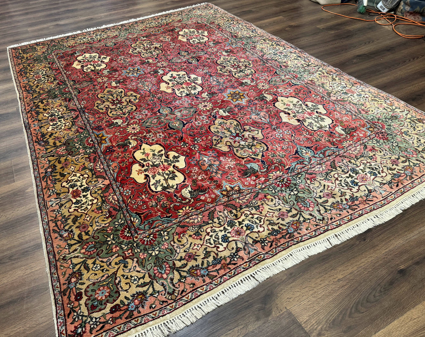 Antique Tabriz Persian Rug 7x10, Red Cream Tan, Unique Design, Fine 270 KPSI, Birds, Floral - Nuvé