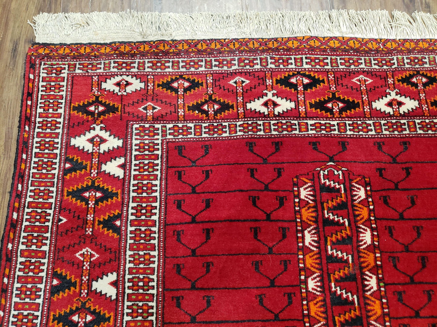 Antique Persian Turkoman Rug 4x5, Hatchli Tekkeh Ersari Red Tribal Rug, Handmade Wool Oriental Carpet, Four Seasons Rug - Nuvé
