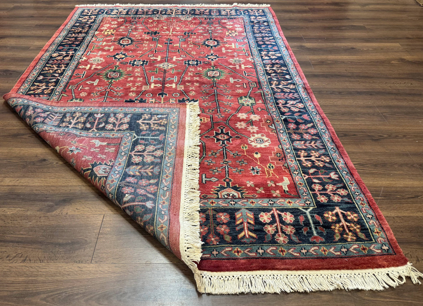Indo Persian Heriz Serapi Rug 6x8, Rust Red and Navy Blue, Allover Pattern - Nuvé