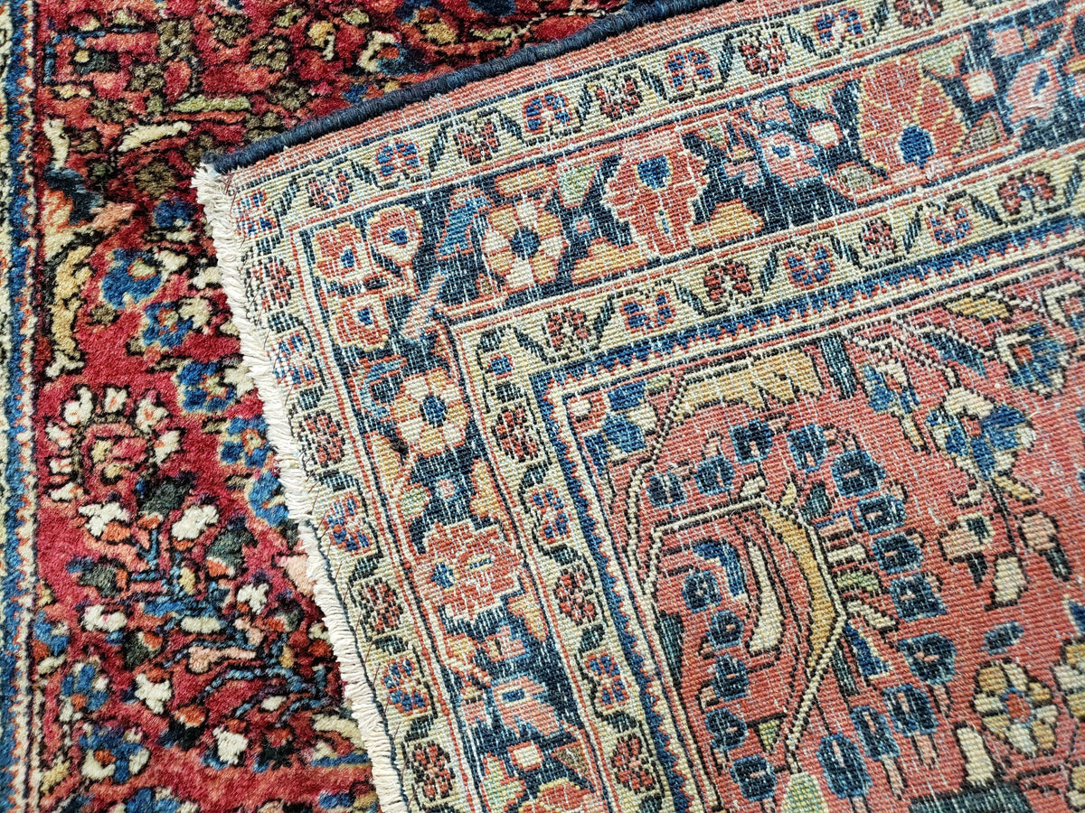Antique Persian Sarouk Rug, Red, Allover Floral Pattern, Hand-Knotted, Wool, 3'4" x 4'10"