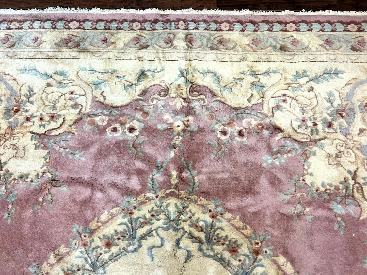Indo Chinese Aubusson Wool Rug 10x14, Pink and Cream, Handmade Vintage Wool Carpet, Elegant European Design - Nuvé