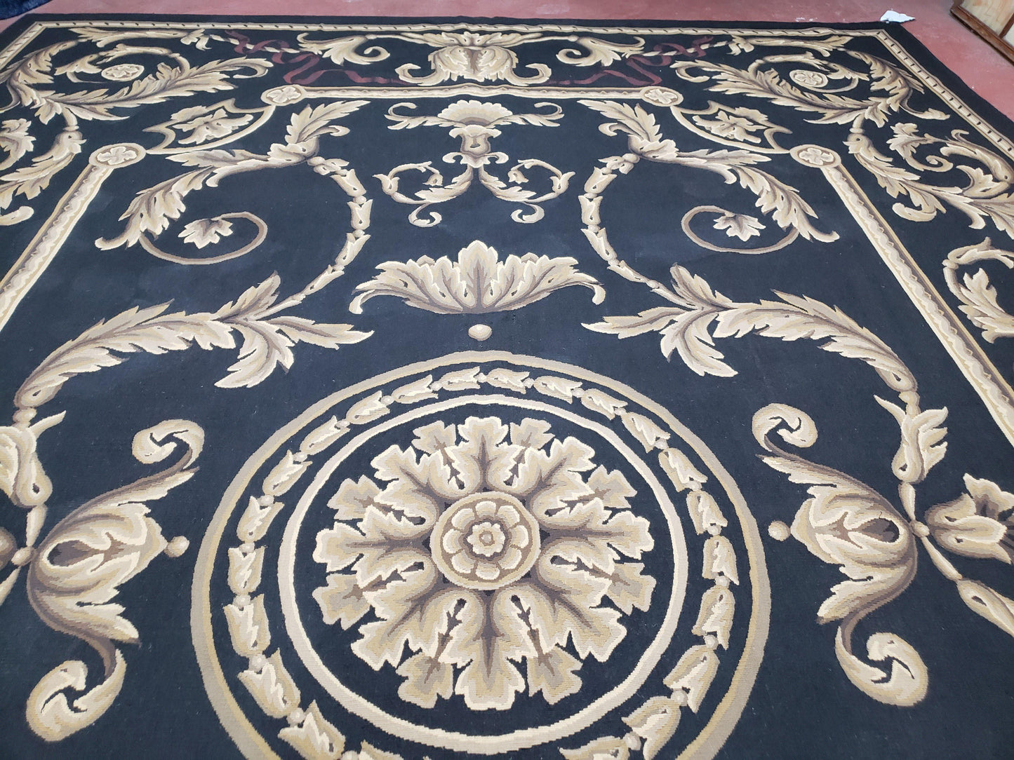 Black and Tan Aubusson Rug, 10 x 14 Aubusson Carpet, New Aubusson Rug, Elegant, Wool, Handmade Area Rug, Flatweave Rug, Large Aubusson Rug - Nuvé