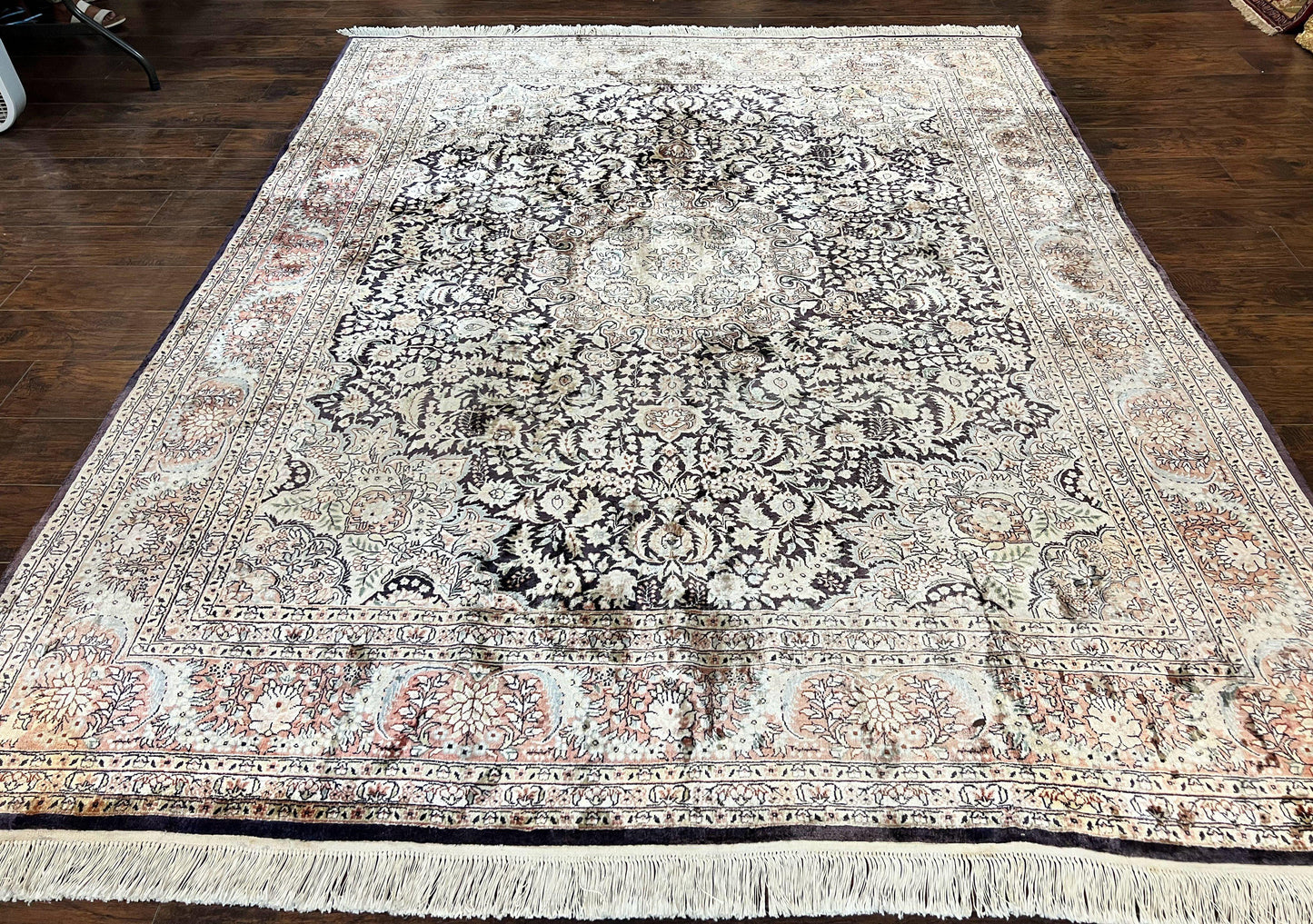 Silk Indian Kashmiri Rug 8x10, Floral Medallion, Indo Persian Carpet, Handmade Vintage Silk Rug - Nuvé