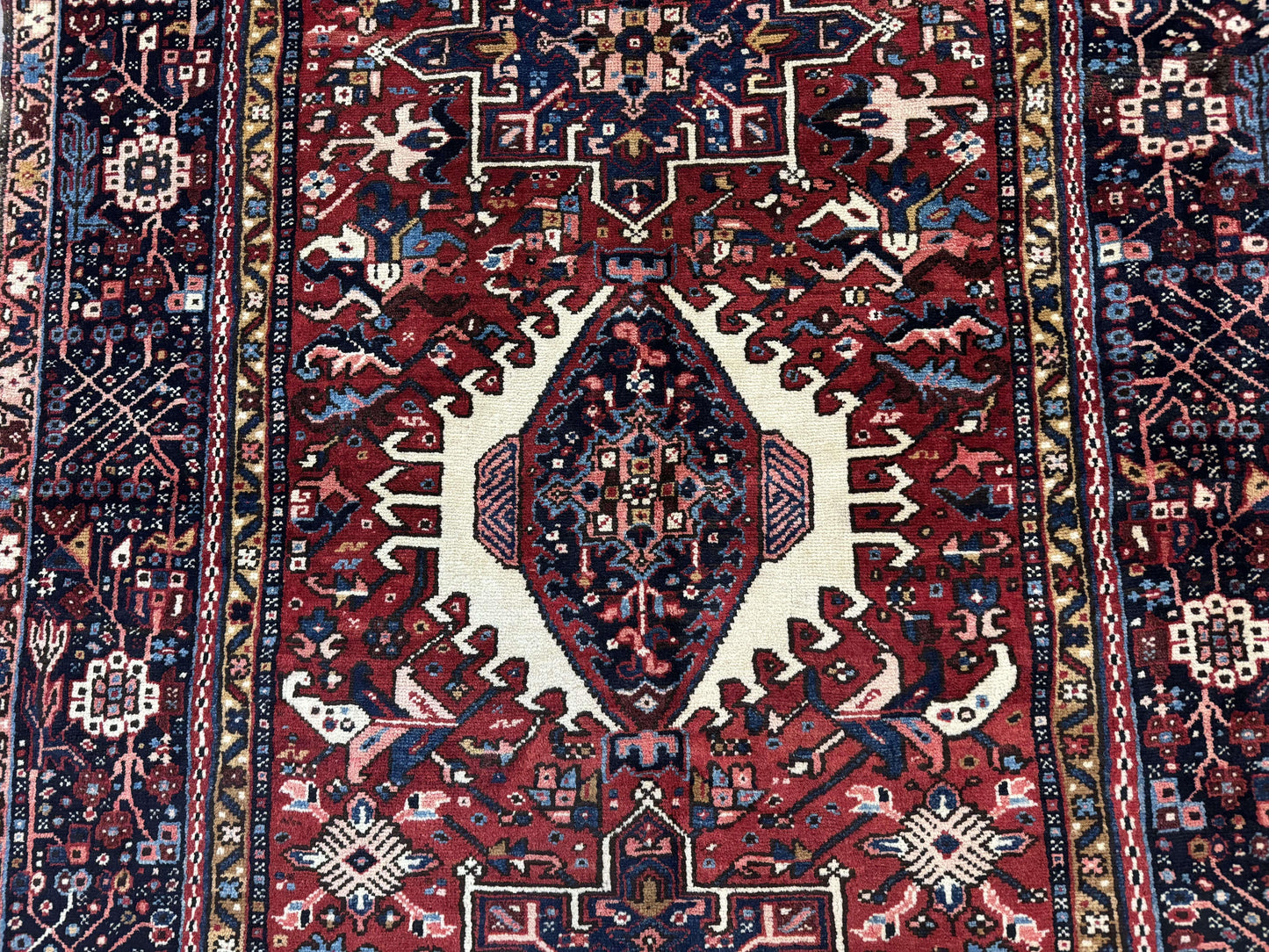 Persian Karajeh Rug 5x6, Antique Heriz Carpet, Geometric, Persian Tribal Rug, Brick Red Navy Blue - Nuvé