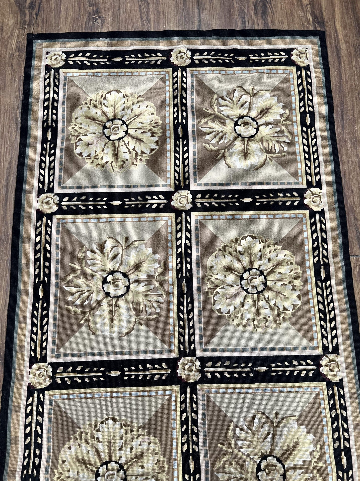 Needlepoint Runner Rug 3x8 Panel Design Rug, Flatweave Runner Rug, English Design, Floral, Short Runner Rug, Black and Beige Wool Hand-Woven - Nuvé