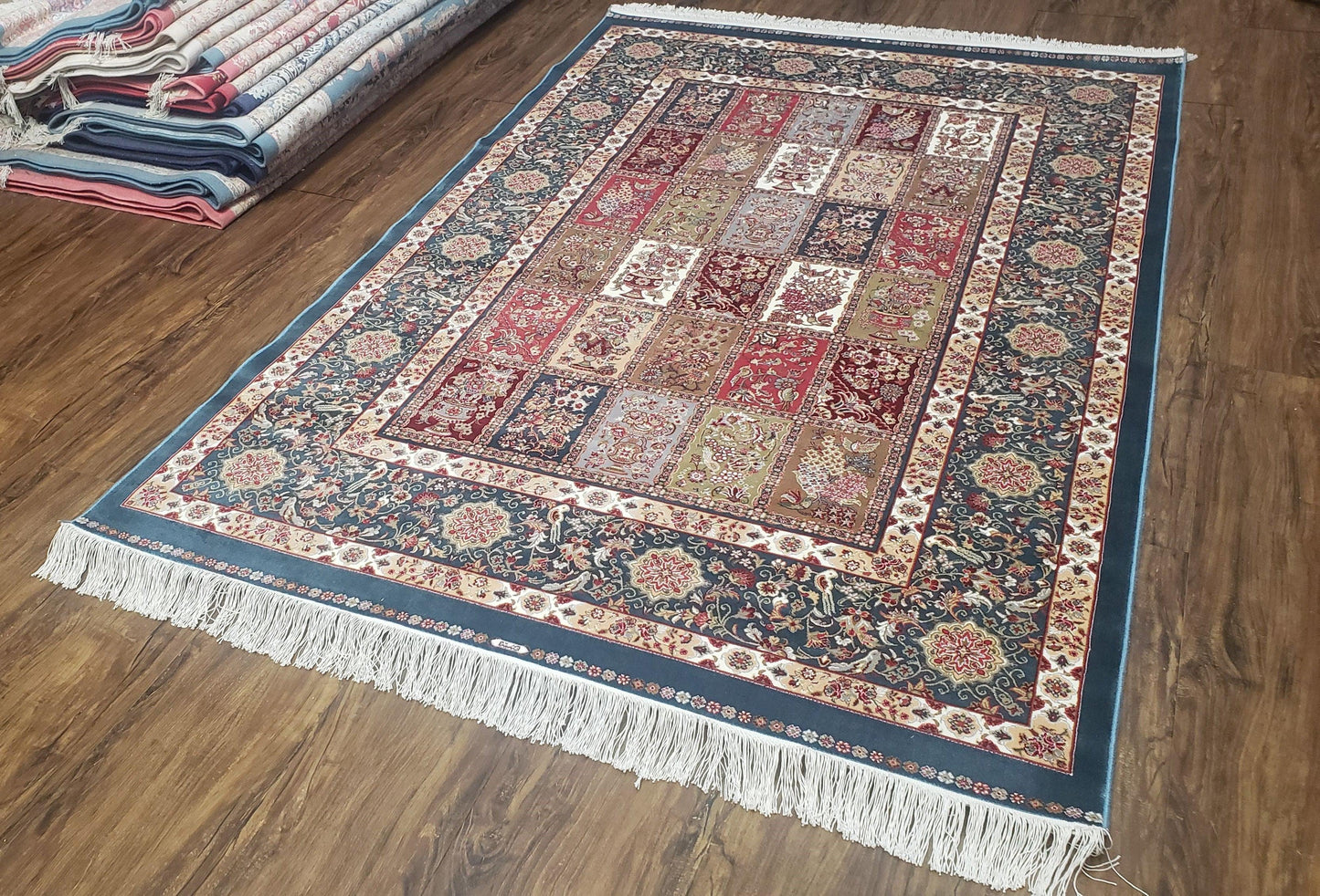 Silk Carpet 4x6 Blue, Panel Design, Four Seasons Pattern, Super Fine & Soft, Bamboo Silk, 4 x 6 Oriental Area Rug, High Quality, New Rug - Nuvé