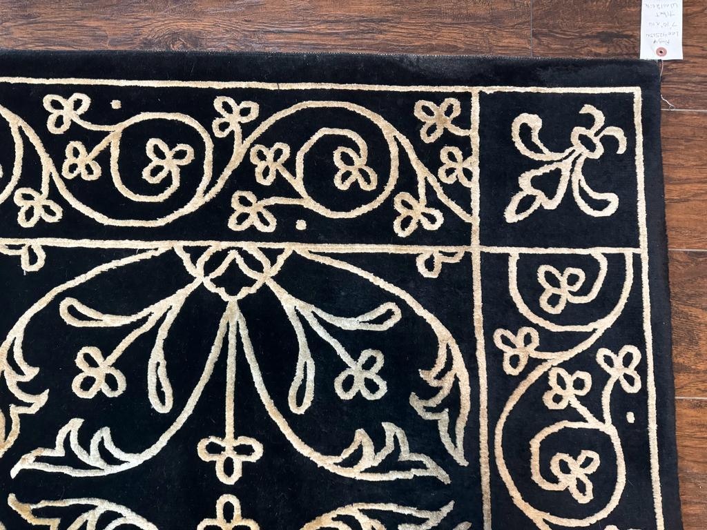 Tibetan Rug 8x10, Wool and Silk, Raised Pattern, Black and Gold, Floral - Nuvé