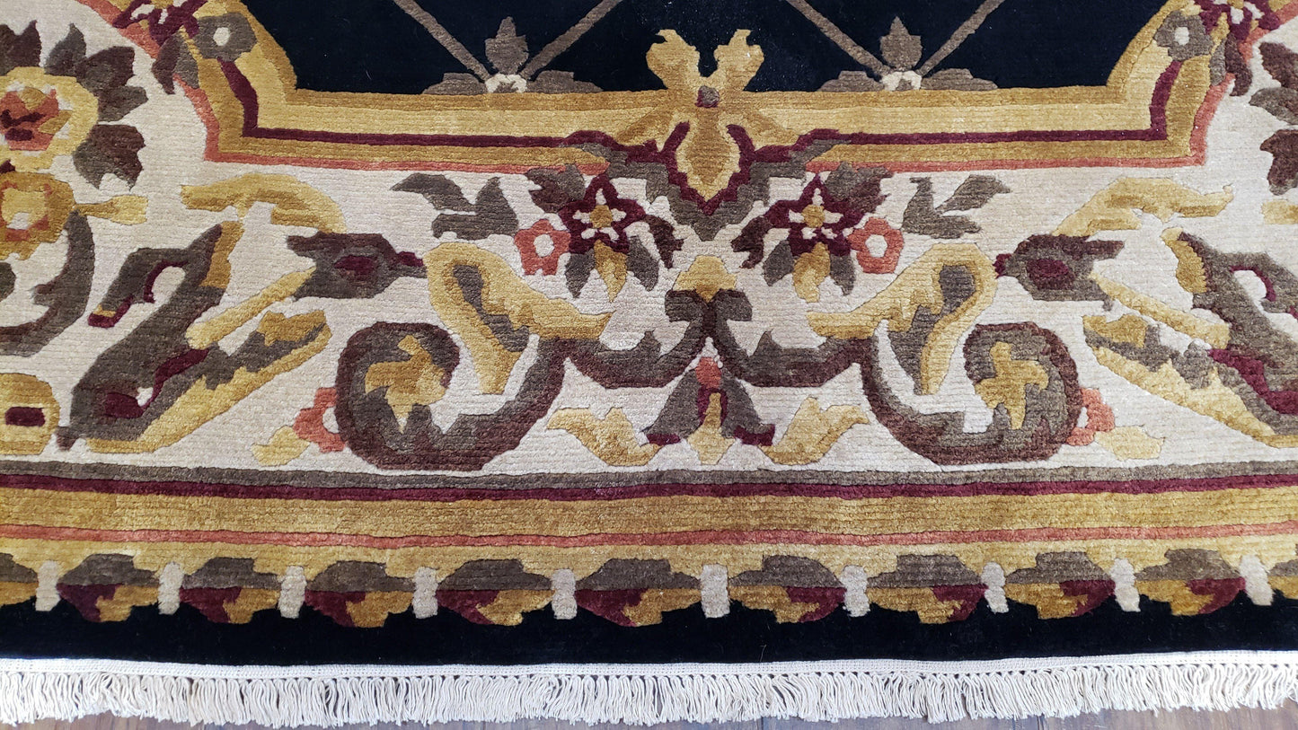 Nepal Rug 6x9, Nepalese Aubusson Area Rug 6 x 9, Hand-Knotted Wool Soft Pile Black & Beige Tibetan Aubusson New Carpet European Savonnerie - Nuvé