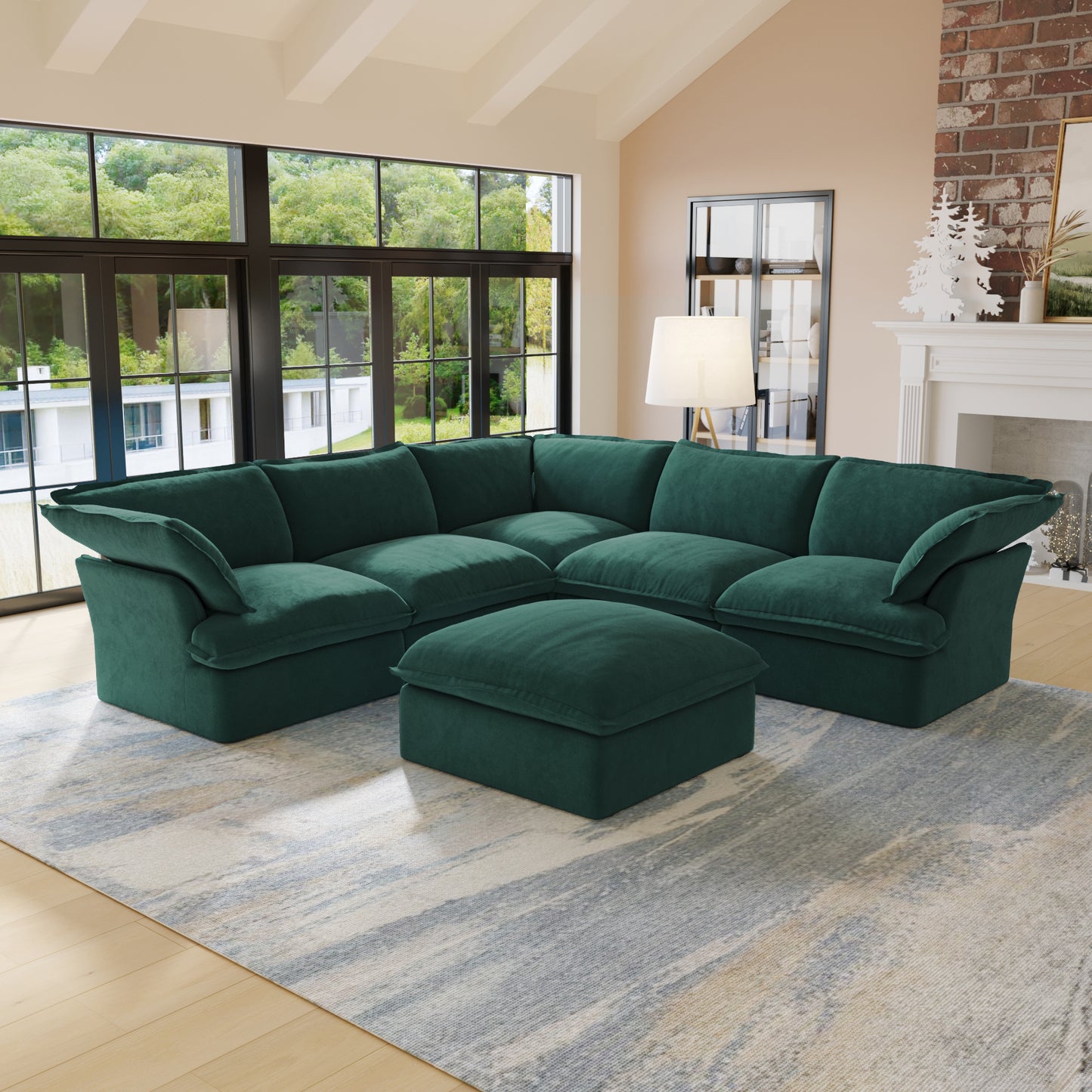 Sabi Modular Boucle Cloud Sofa - Green - 5-Seater Sectional Sofa with Ottoman - Nuvé