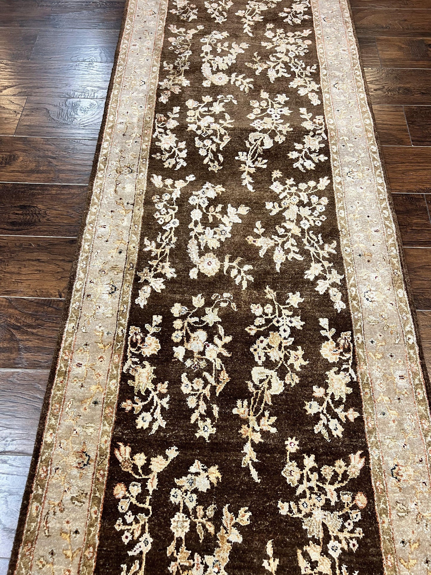 Peshawar Runner Rug 3 x 20, Wool Hand Knotted Vintage Pakistani Carpet, Brown & Taupe, Chobi Mahal Floral Rug, Extra Long Hallway Runner - Nuvé