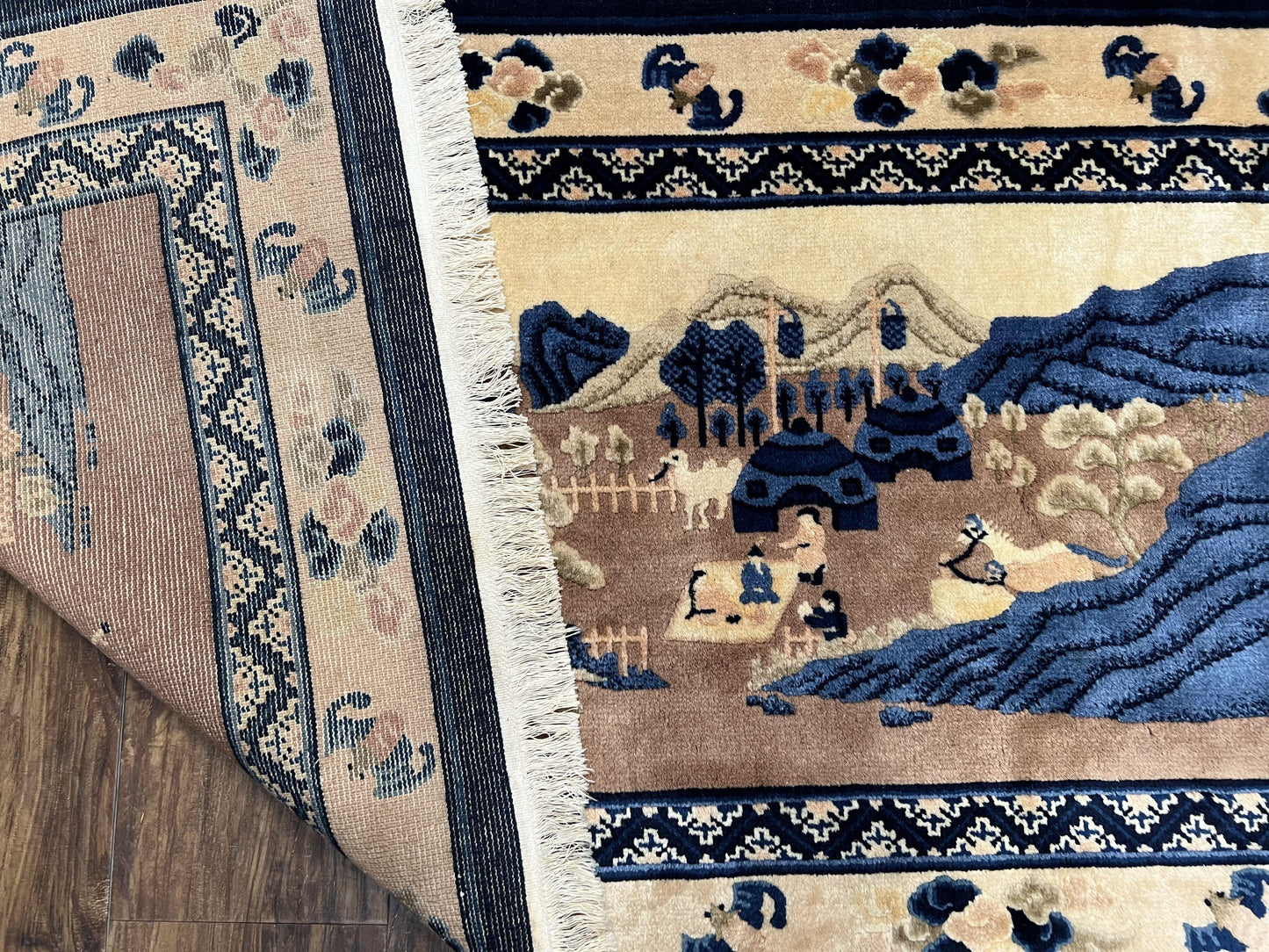 Antique Chinese Pictorial Rug 2.7 x 5, Chinese Village and Hills Carpet, Beige and Dark Blue, Handmade, Horizontal Rug Wall Hanging Tapestry - Nuvé