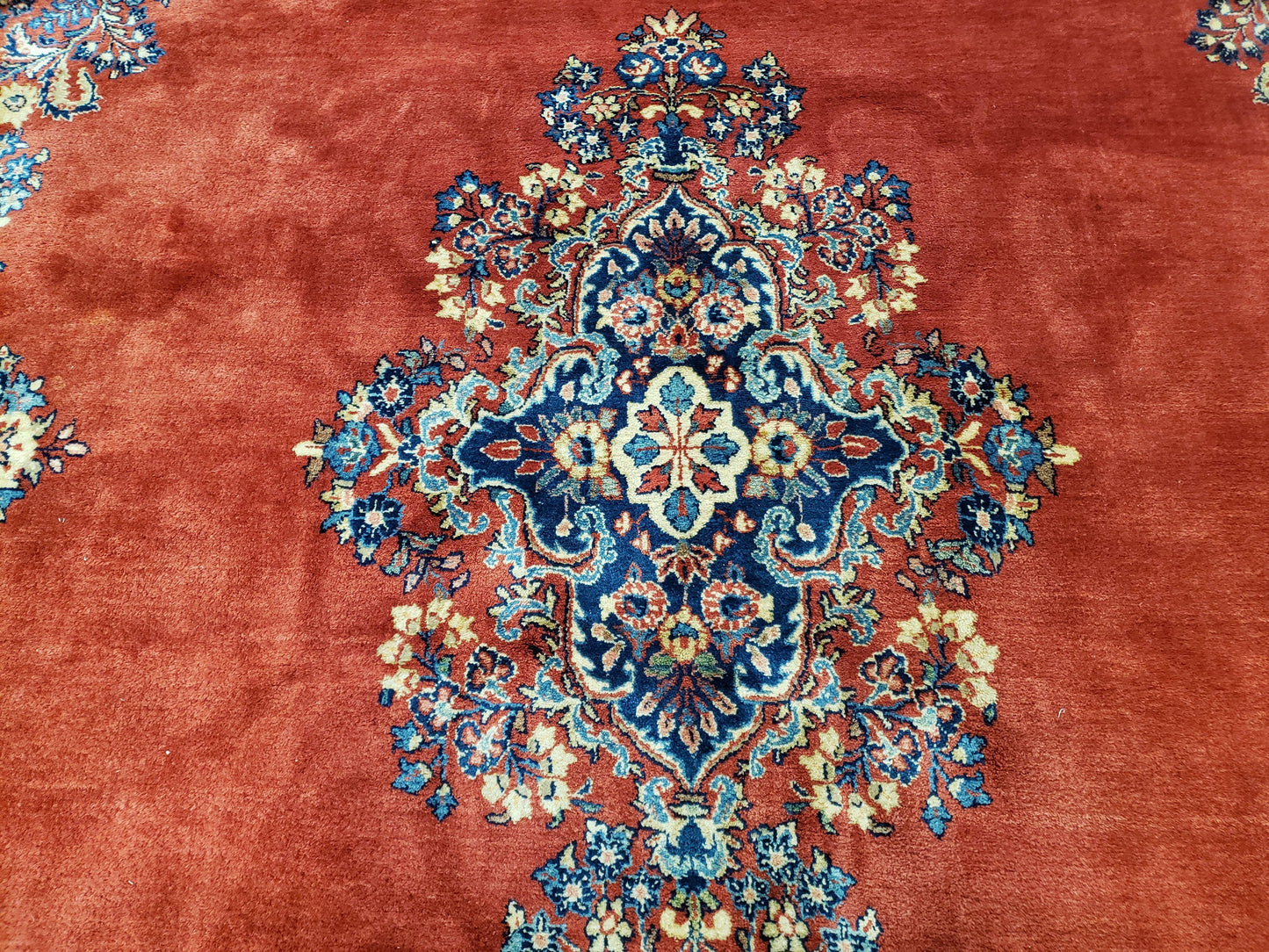 Semi Antique Persian Sarouk Rug 9x12, Semi Open Field with Central Medallion, Hand Knotted Wool, Tomato Red, 9 x 12 Authentic Oriental Carpet - Nuvé
