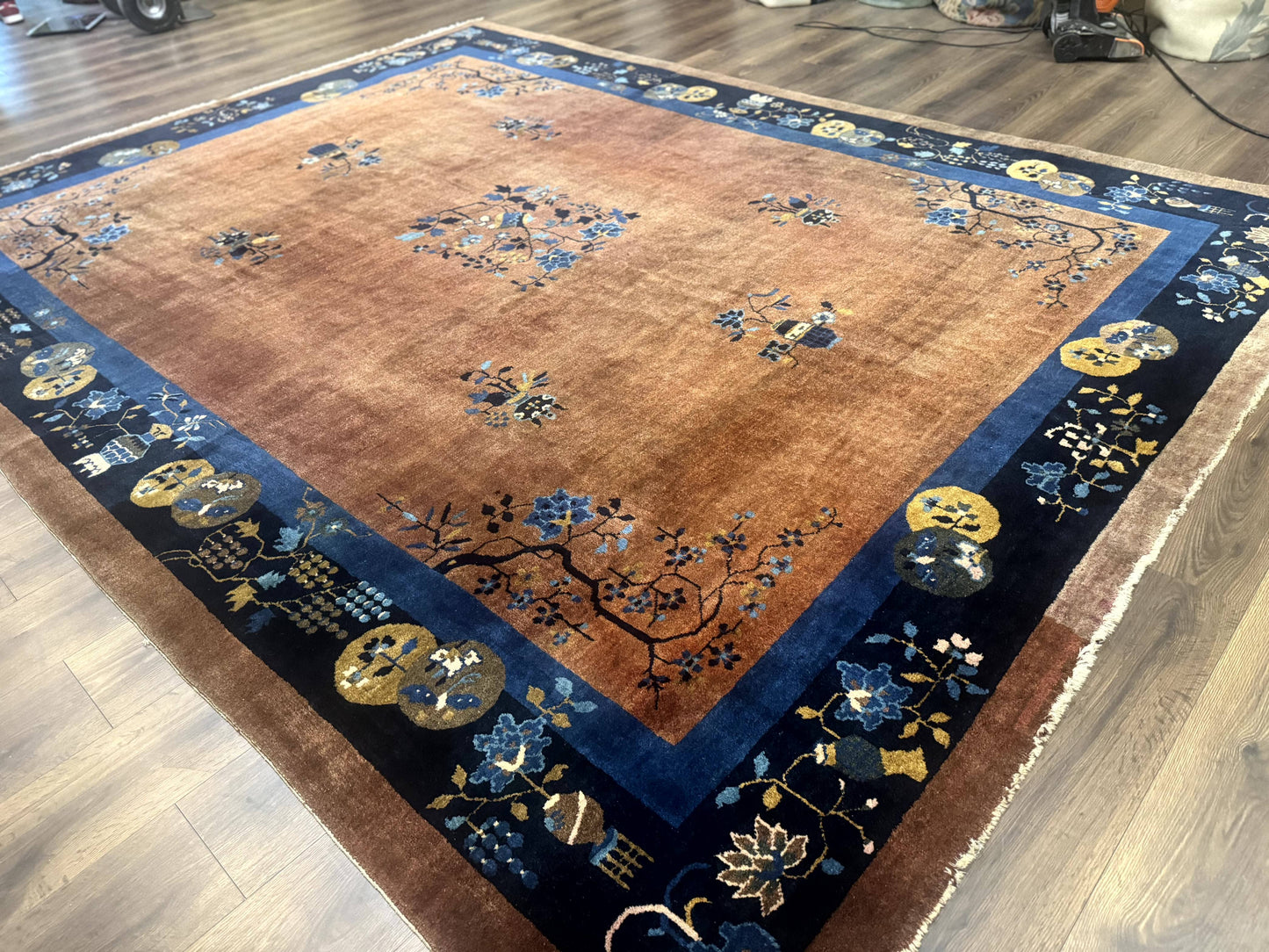 Antique Chinese Wool Rug 9x12, Light Brown and Navy Blue, Fete Peking Art Deco - Nuvé