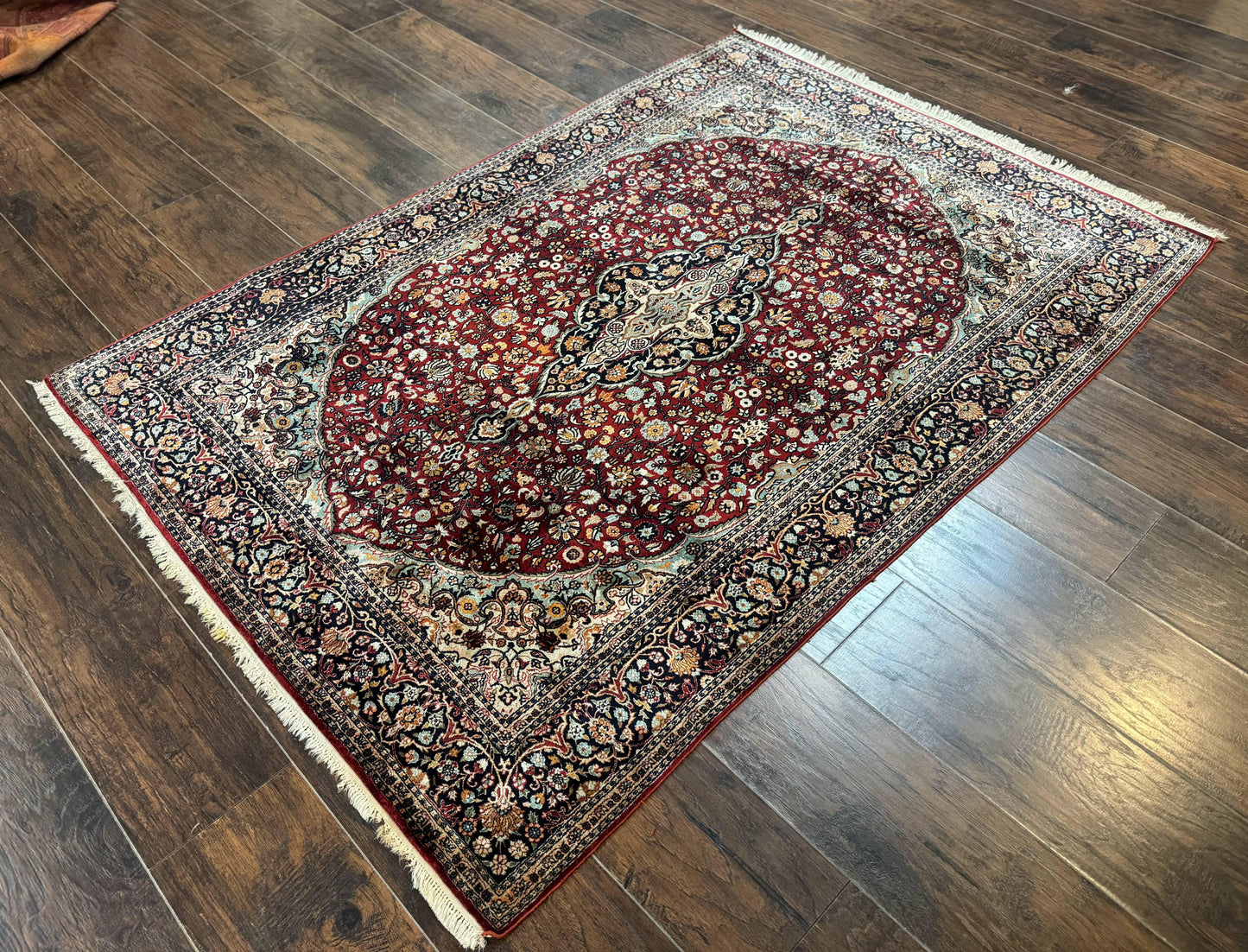 4x6 Silk Rug, Very Fine 650 KPSI, Silk Persian Carpet, Red, Floral Medallion, Sino Persian - Nuvé