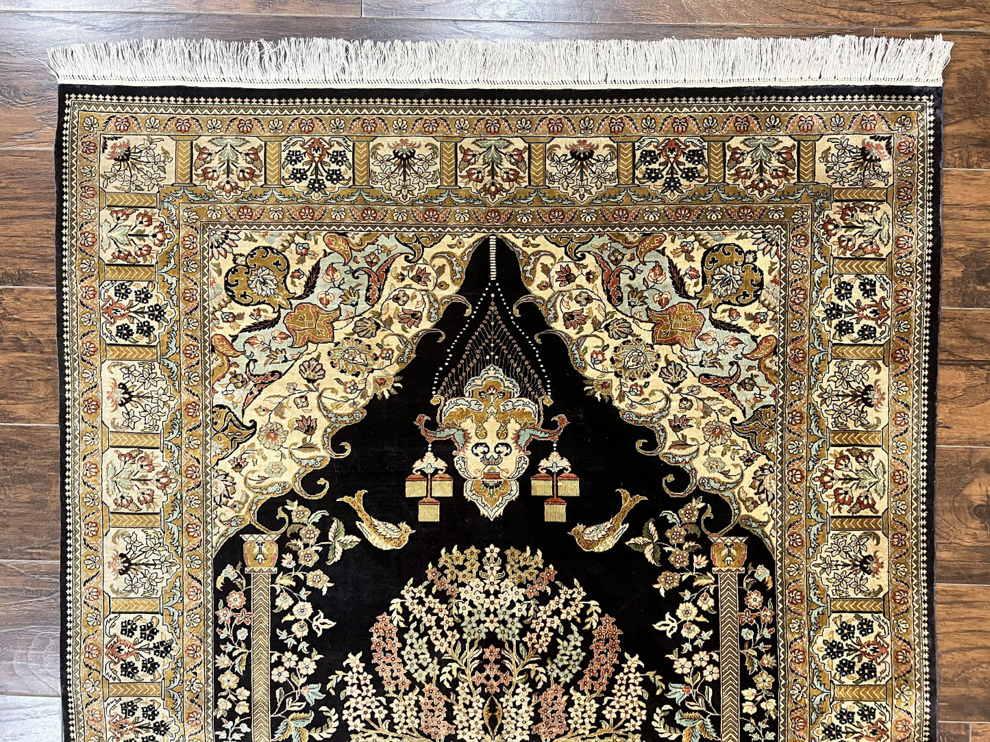 Wonderful Sino Persian Silk Rug 4x6, Tree of LIfe Design, Masterpiece 575 KPSI, Birds, Prayer Rug, Black, Silk on Silk - Nuvé