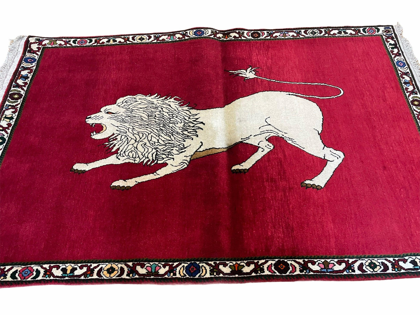 4 X 6 Handmade Hand-Knotted Quality Wool Rug Zagros Lion Red Ivory Tribal Rug - Nuvé