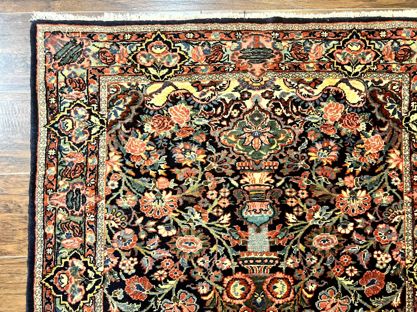 Persian Saoruk Rug 4x5, Navy Blue and Red, Floral, Antique Persian Wool Carpet, Handmade - Nuvé