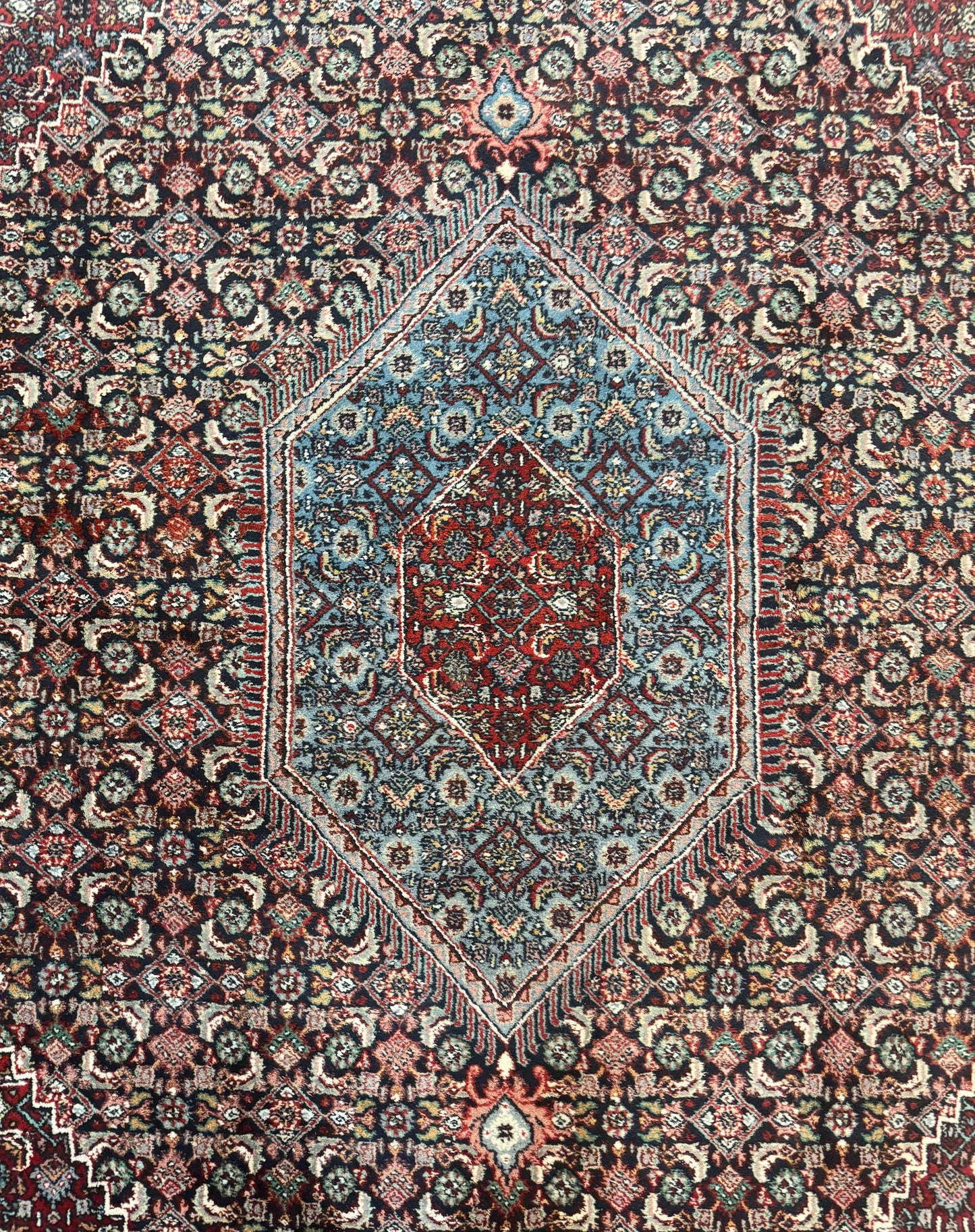 Indo Persian Bidjar Rug 8x11, Herati Mahi Pattern, Red Navy Blue, Handmade Vintage Wool Carpet - Nuvé