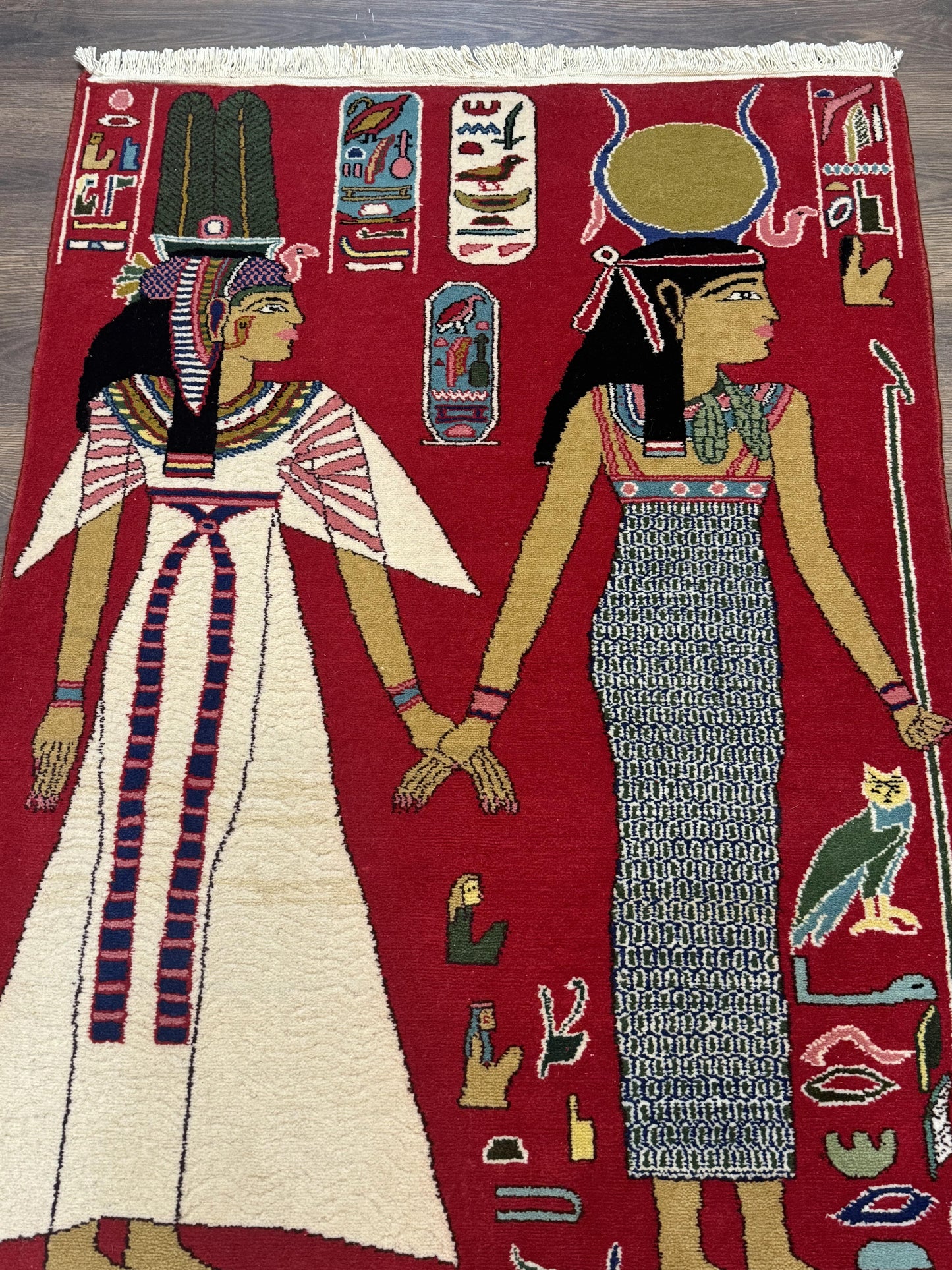 Egyptian Pictorial Rug 3x4, Hieroglyphic Pictorial Rug, Egyptian Prince and Princess, Cleopatra, Vintage Handmade, Red - Nuvé