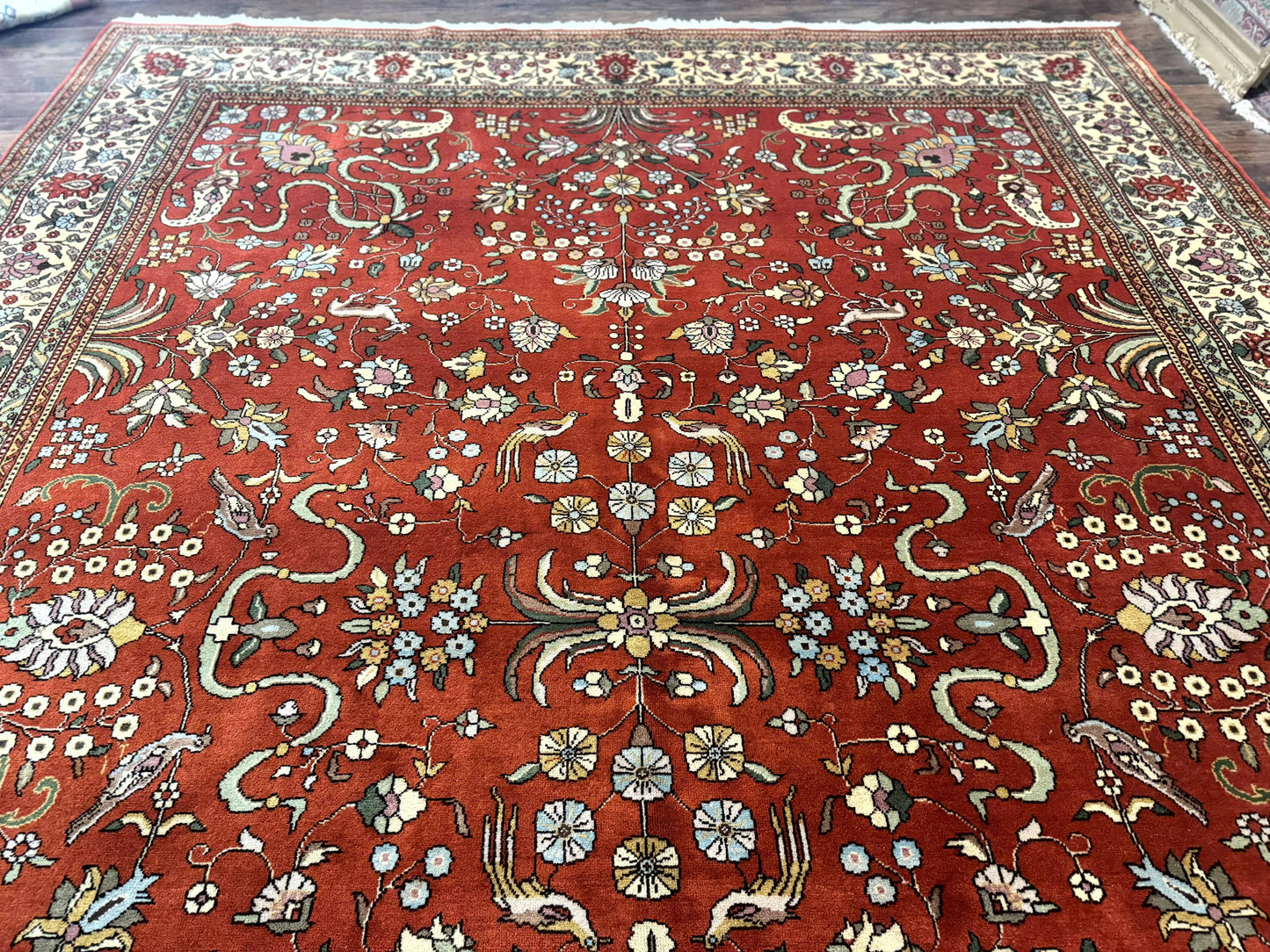 Romanian Rug 10x13, Vintage Handmade Wool Carpet, Floral Pattern, Birds, Red and Cream, Signed By Masterweaver, Persian Rug - Nuvé