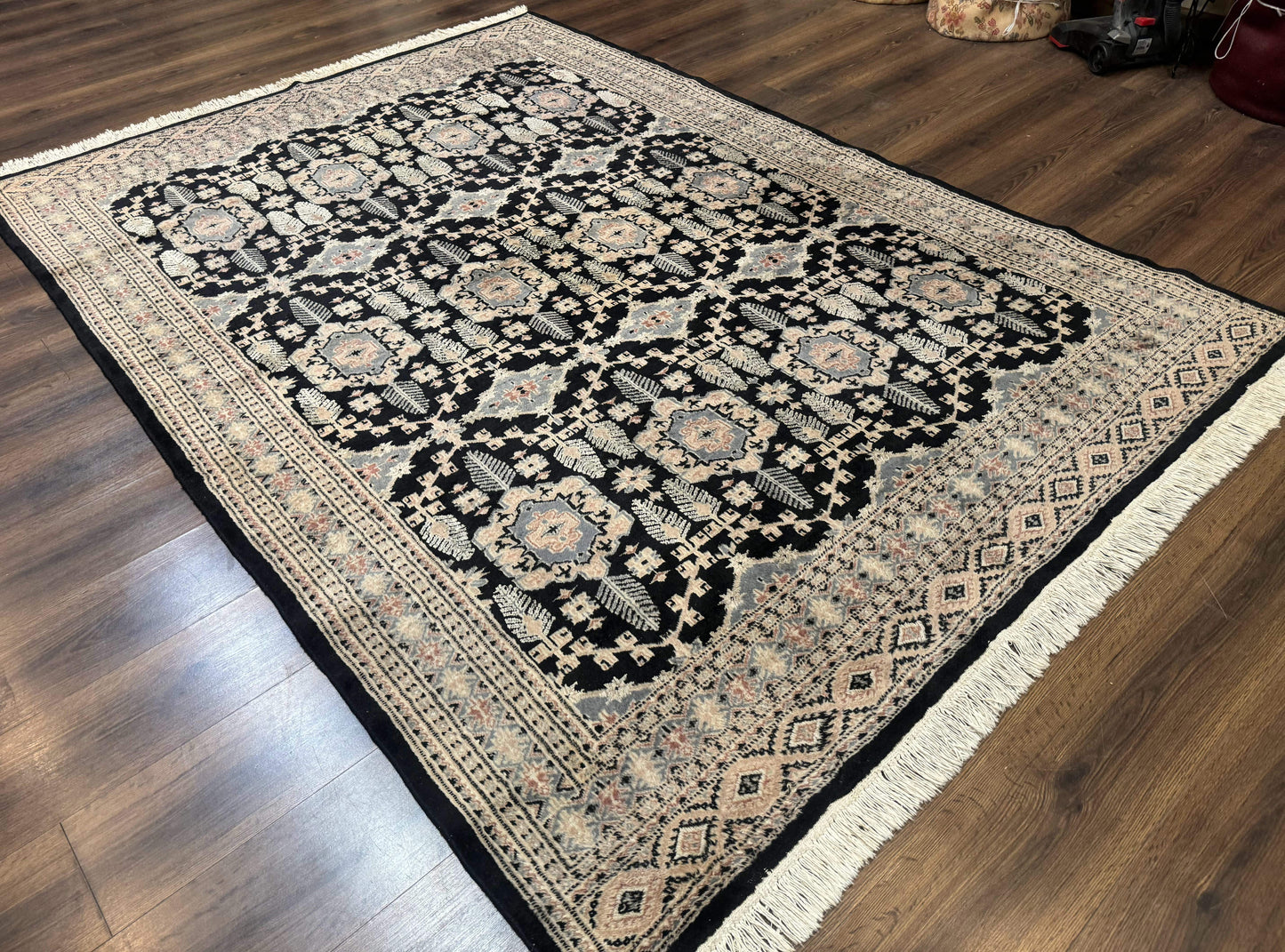 Turkoman Bokhara Rug 6x9, Pakistani Carpet, Black, Hand Knotted - Nuvé