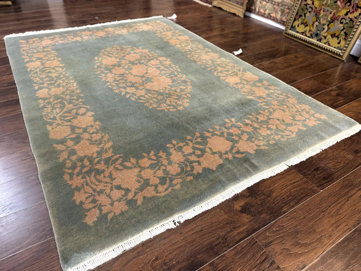 Teal Chinese Wool Rug 6x8, Vintage Handmade Carpet, Floral, Semi Open Field - Nuvé