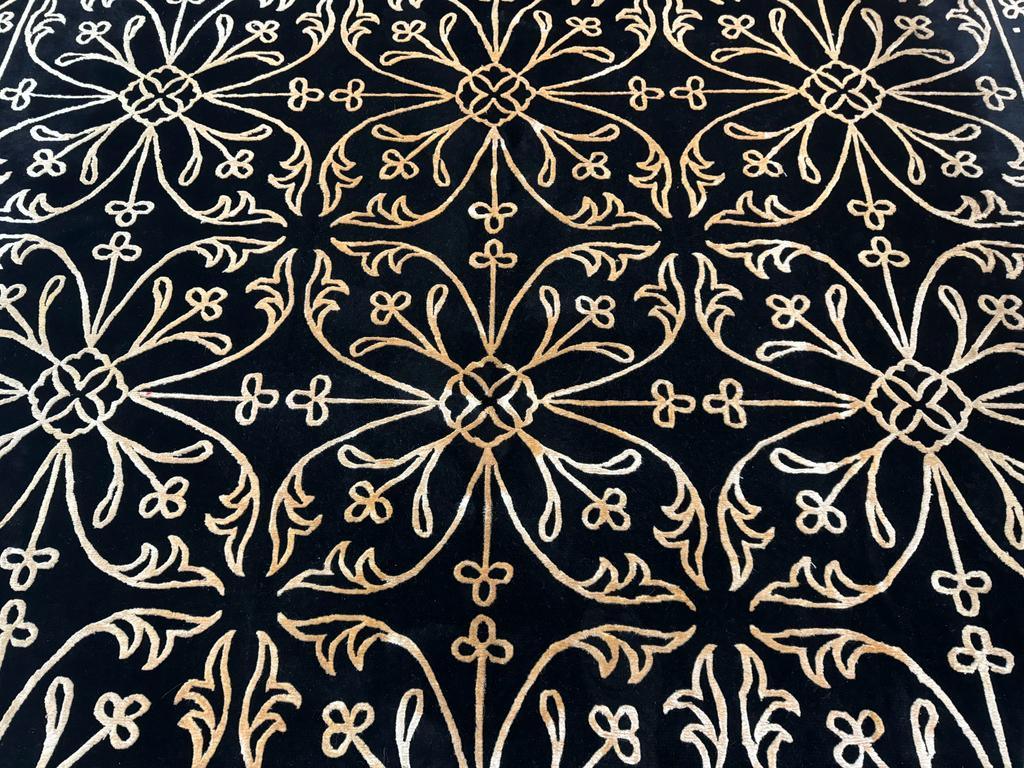 Tibetan Rug 8x10, Wool and Silk, Raised Pattern, Black and Gold, Floral - Nuvé