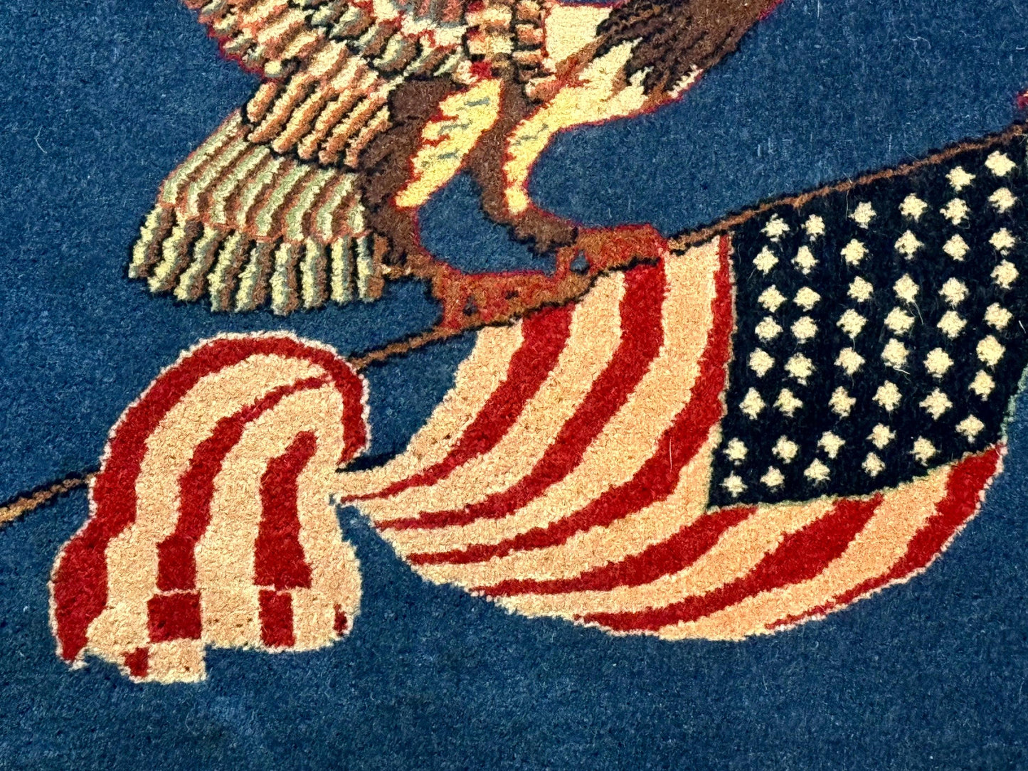 Pictorial Rug of American Flag with Bald Eagle, Small Indo Persian Pictorial Rug, Blue, Handmade, Very Fine 330 KPSI - Nuvé