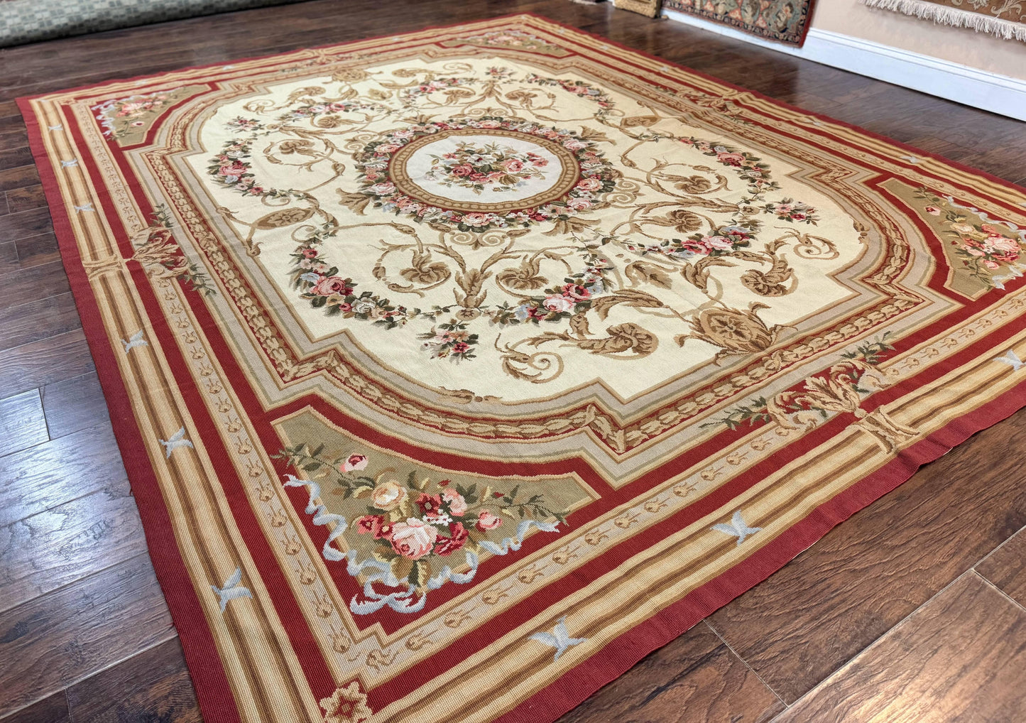 Aubusson Needlepoint Rug 9x11, Handmade Vintage Wool Flatweave Carpet, Elegant European Rug, Floral, Cream - Nuvé