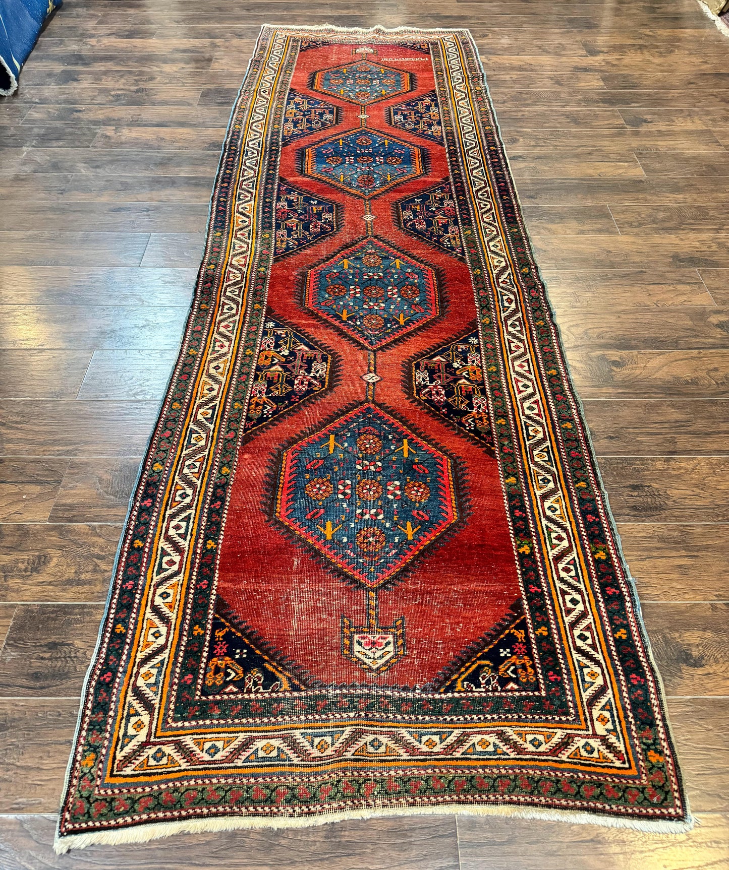 Antique Persian Sarab Runner Rug 3.9 x 12, Red, Handmade, Tribal Runner, Wool, Signed - Nuvé