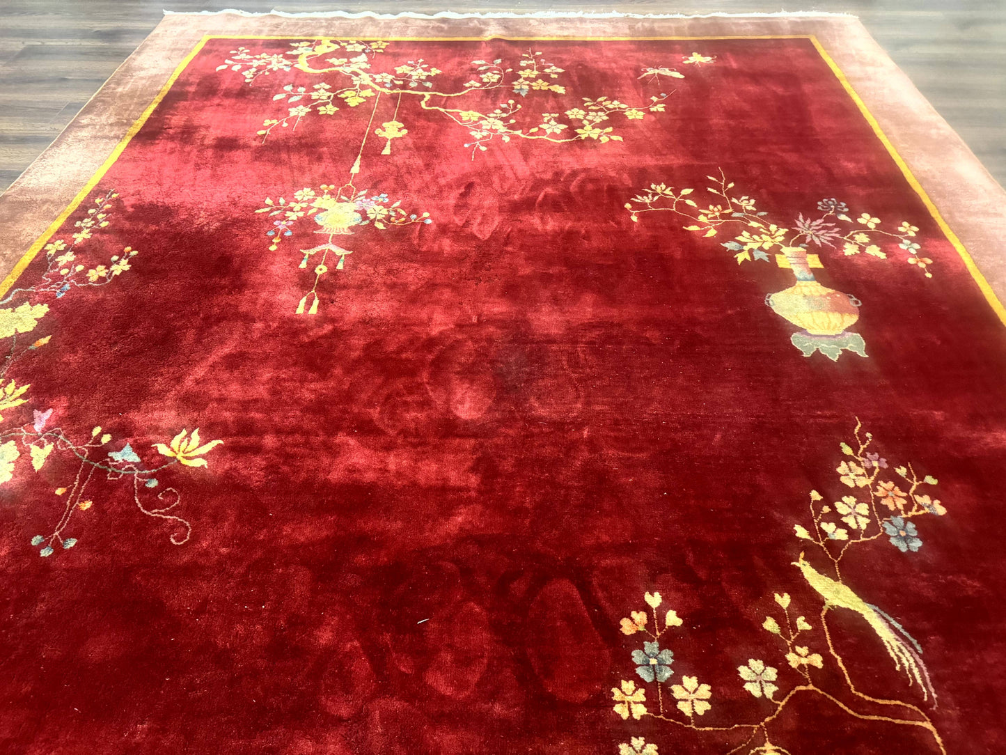 Red Chinese Art Deco Rug 9x11, Simple Design, Wool Chinese Area Rug, Antique - Nuvé