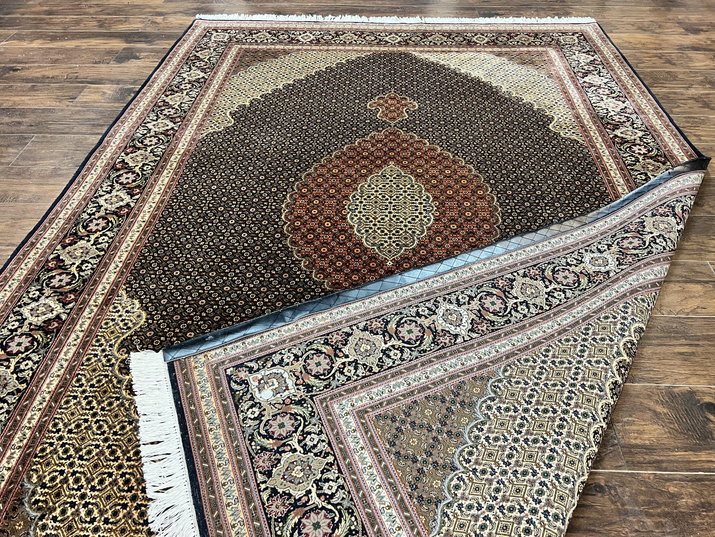 Persian Tabriz Rug 7x10, Very Fine 330 KPSI 50 Raj, Black and Beige, Handmade Wool Vintage Persian Carpet - Nuvé