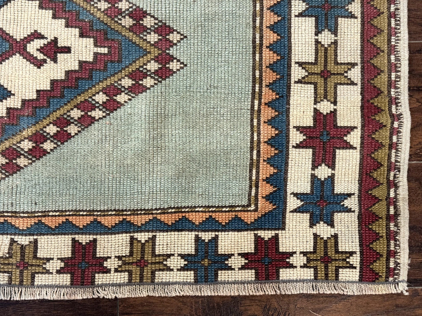 Turkish Kazak Rug 4x6, Geometric Medallion, Caucasian Design Rug, Semi Antique Vintage, Mint Green Maroon Ivory - Nuvé