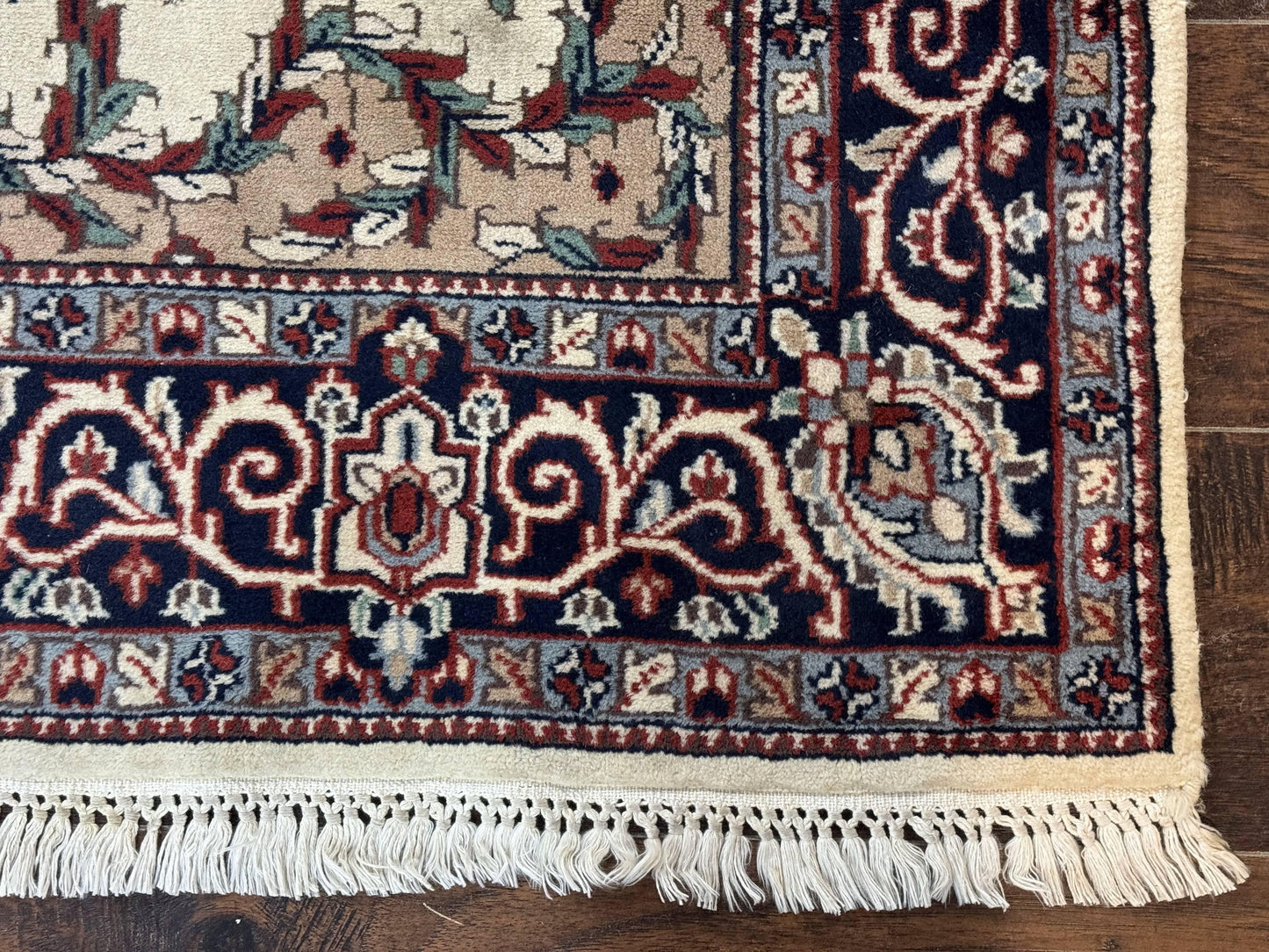 Indian Kashmiri Rug 4x6, Ivory Beige Navy Blue, Traditional Indo Persian Rug - Nuvé