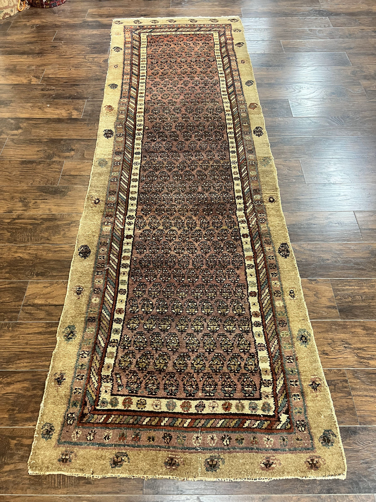 Antique Persian Sarab runner rug by Jewel Rugs, 3x11 wool camel hair tribal hallway carpet, handmade from 1920s.