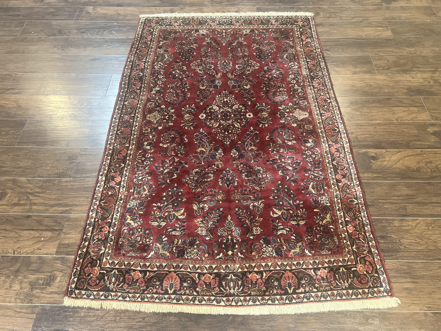 Antique Persian Sarouk Rug 4x7, Hand Knotted Wool Red Persian Carpet, Floral - Nuvé