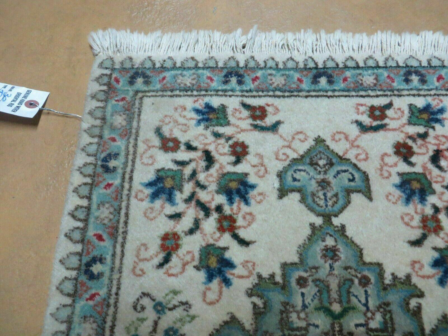1' 9" X 2' 5" Handmade Indian Wool Rug Lahore Floral Design Small Oriental Rug Beige & Teal - Nuvé