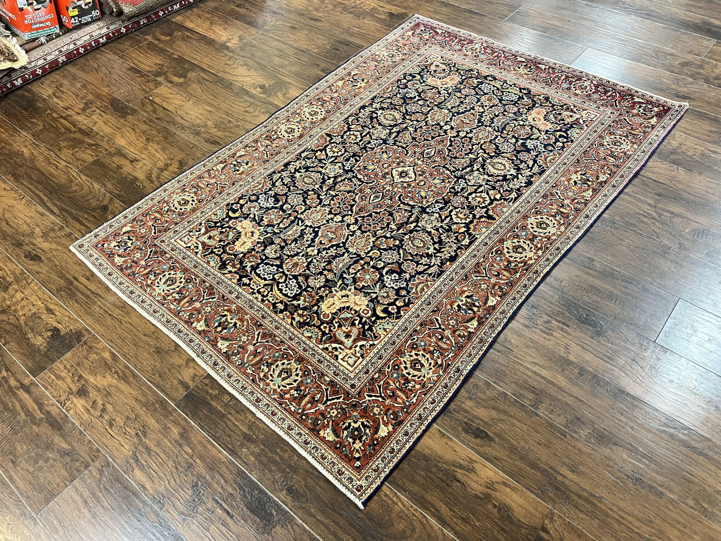 Persian Kashan Rug 4x7, Floral Medallion Vintage Handmade Hand Knotted Navy Blue & Red Wool Oriental Carpet, Highly Detailed Semi Antique Rug - Nuvé