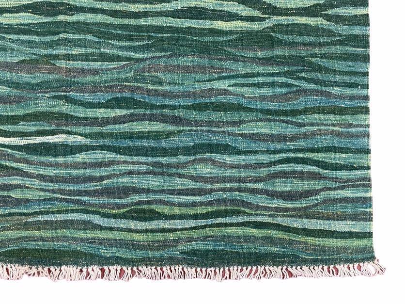 Sea Green Kilim Area Rug, White Blue Red Stripes, Russian Flag Rug, Flatweave Hand Knotted Carpet, Turkish Carpet, Wool, New, 5' 6" x 7' 10" - Nuvé