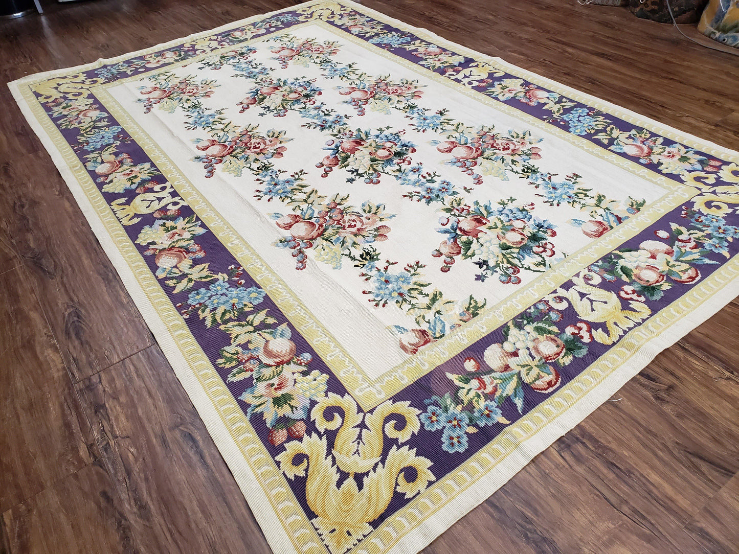 Vintage Chinese Floral Needlepoint Area Rug 6x9, Wool Hand-Woven Handmade Flatweave Rug, Ivory & Purple, Fruits Grapes Apples, Dining Room - Nuvé