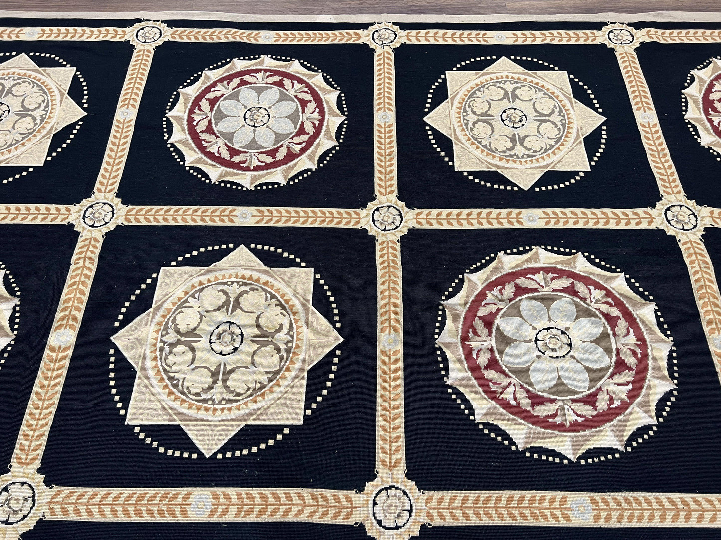 Large Needlepoint Rug 10x13, Panel Design, Black and Beige, Wool Needlepoint Carpet 10 x 13, English Garden, Handwoven Area Rug, Living Room - Nuvé