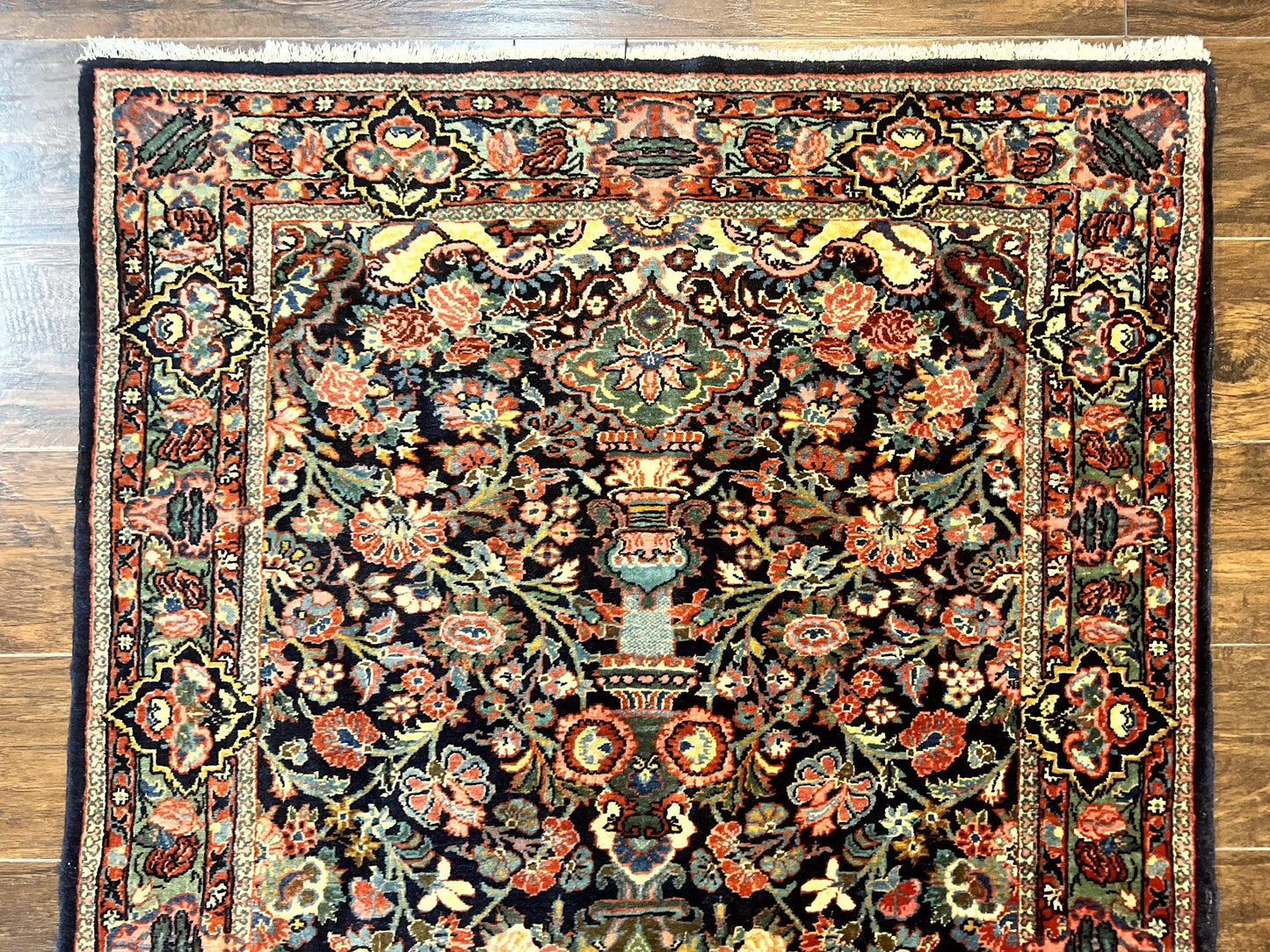 Persian Saoruk Rug 4x5, Navy Blue and Red, Floral, Antique Persian Wool Carpet, Handmade - Nuvé