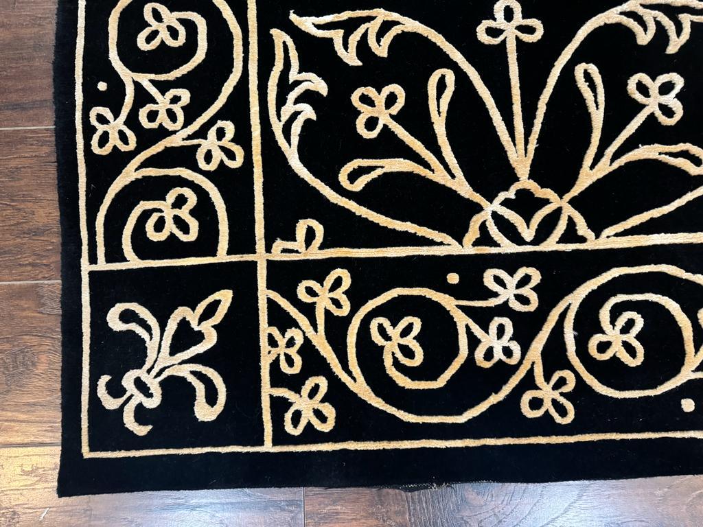 Tibetan Rug 8x10, Wool and Silk, Raised Pattern, Black and Gold, Floral - Nuvé