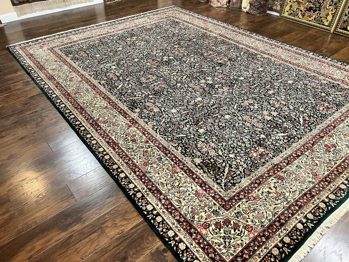 Large Sino Persian Rug 10x14, Wool Hand Knotted Vintage Carpet, Dark Green & Beige, Kirman Floral Rug, Fine Weave, Traditional, Large - Nuvé