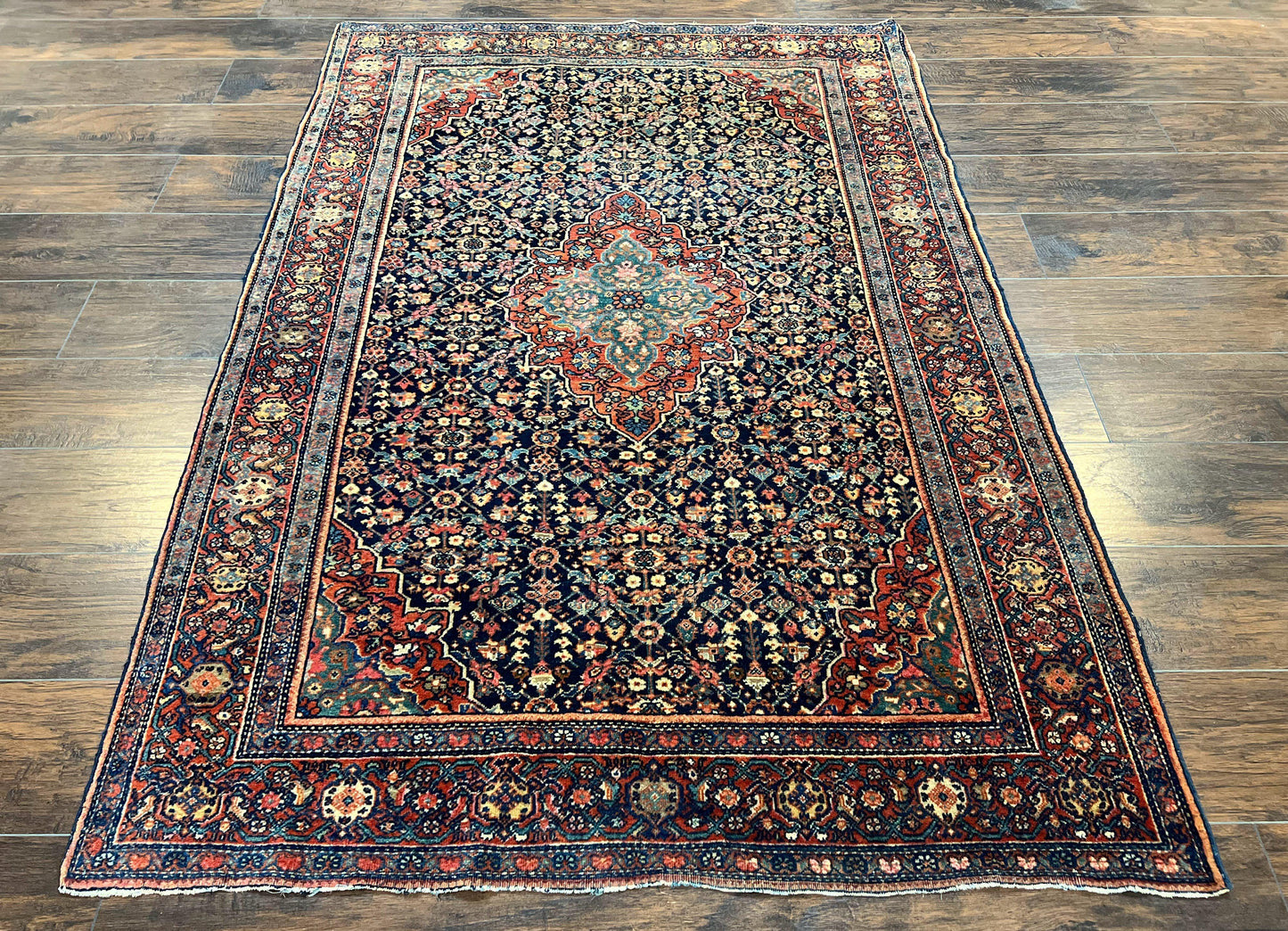 Persian Rug 4x7 Antique Sarouk Farahan Carpet, Navy Blue and Red Wool Rug - Nuvé