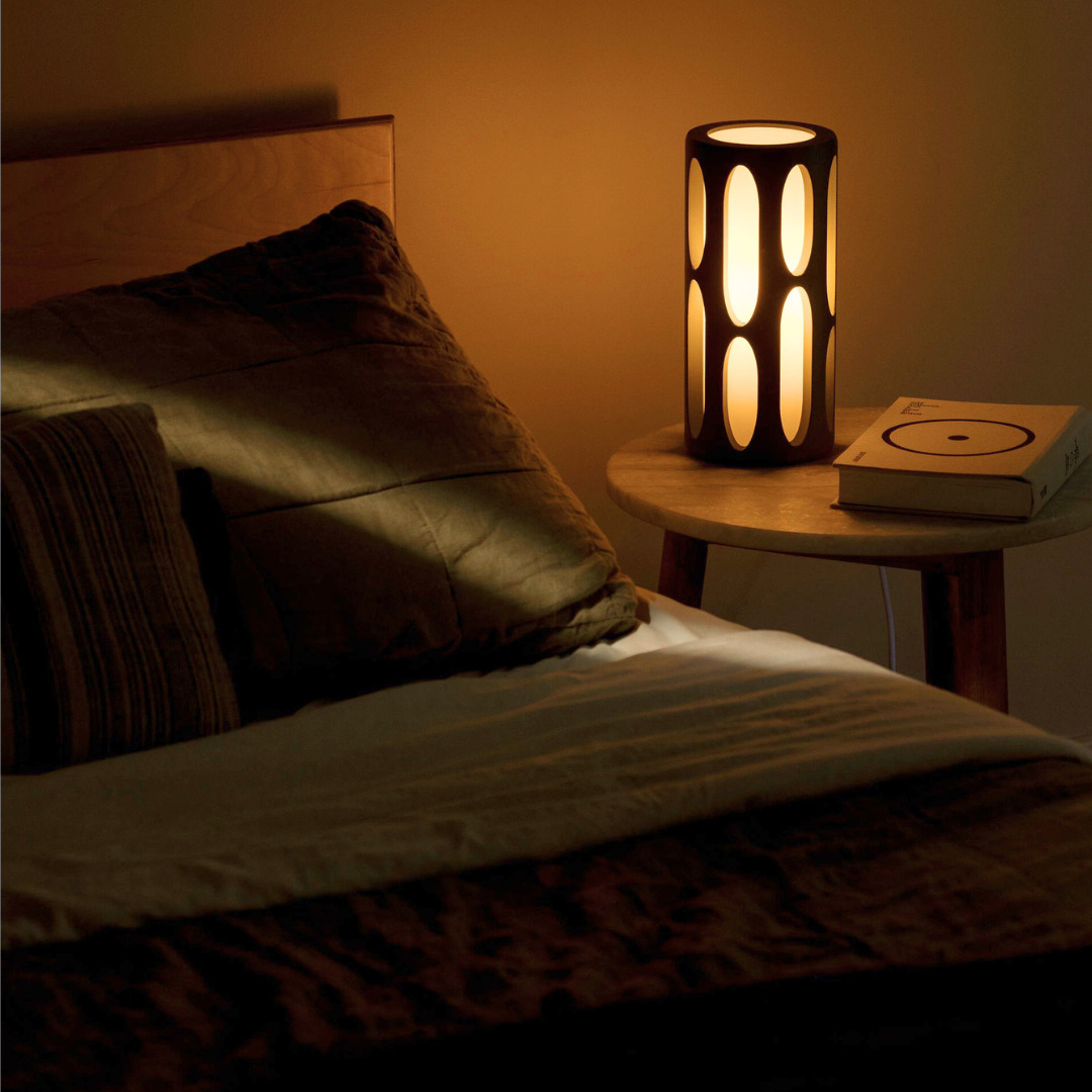 Terra Labs Amoeba Table Lamp with organic, amoeba-shaped design providing warm, inviting lighting for cozy room ambiance.