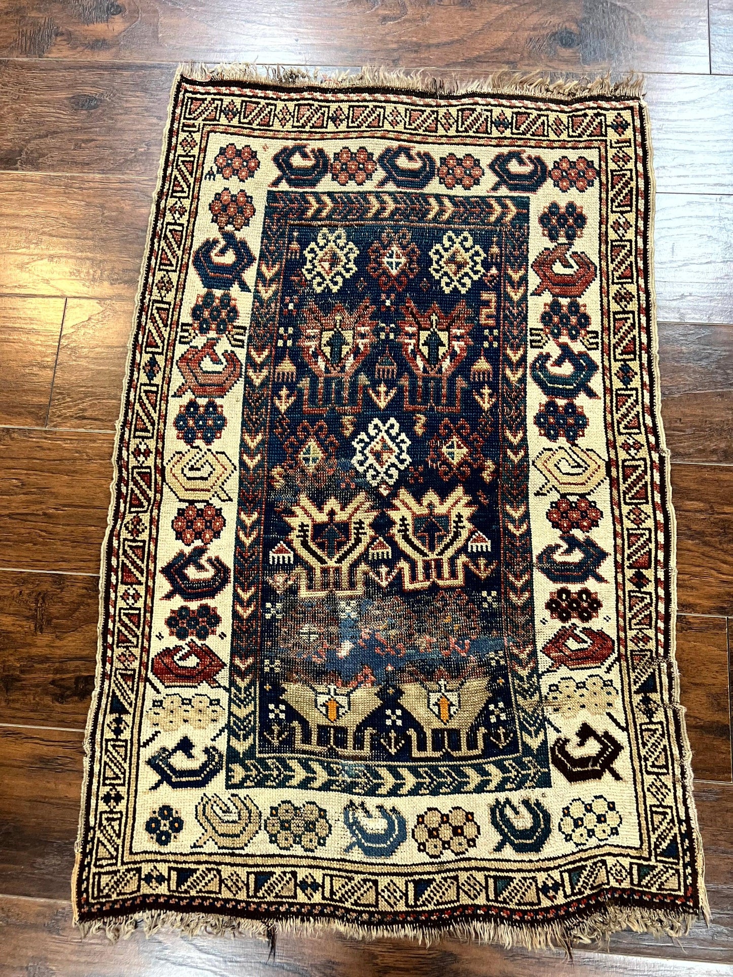 Antique Caucasian Kazak Rug 2.5 x 4, Navy Blue and Ivory, Hand Knotted Handmade Wool Rug - Nuvé