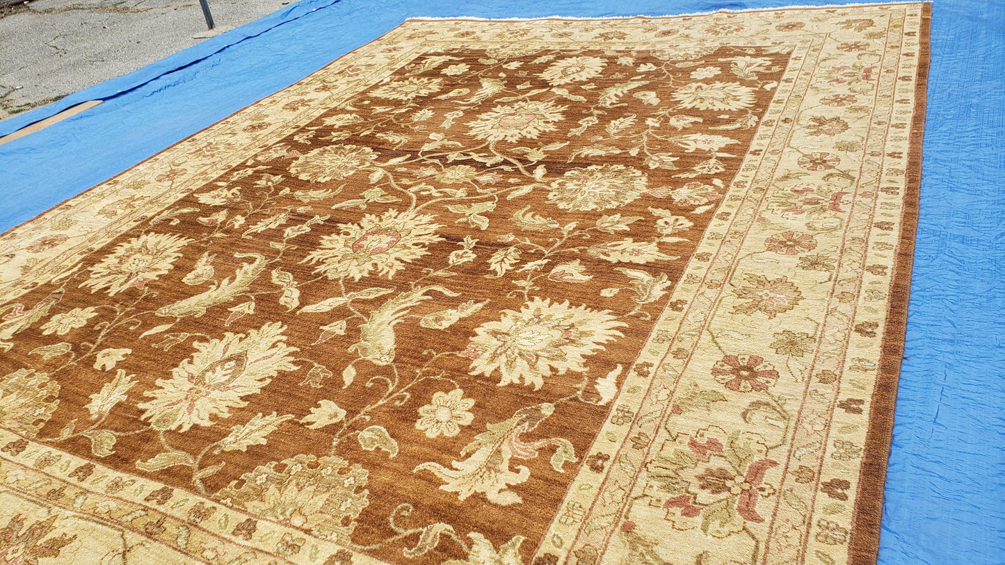 Indo Persian Rug 10x14, Mahal Sultanabad Oriental Carpet, Burnt Orange & Beige, Handmade Wool Area Rug