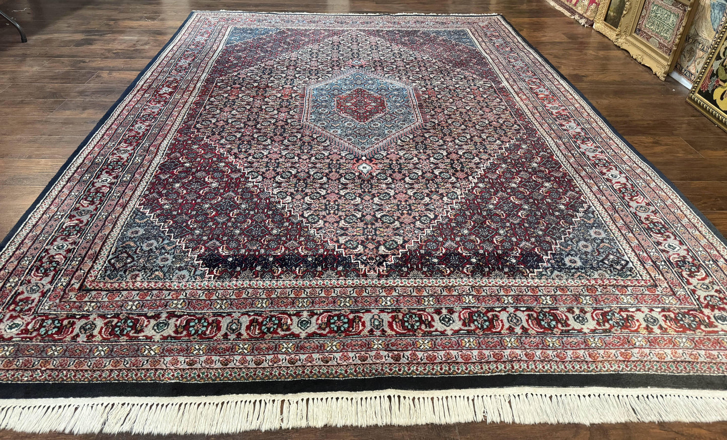 Indo Persian Bidjar Rug 8x11, Herati Mahi Pattern, Red Navy Blue, Handmade Vintage Wool Carpet - Nuvé